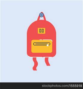 School rucksack semi flat RGB color vector illustration. Red and yellow knapsack for schoolchildren, student lifestyle attribute. Compact backpack isolated cartoon object on blue background. School rucksack semi flat RGB color vector illustration