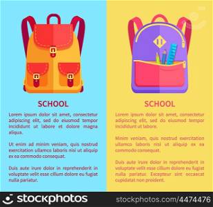 School Rucksacks for Boys or Girls with Stationery. School rucksacks for boys and girls in orange and purple colors with big pockets and metal fasteners vector illustrations with text