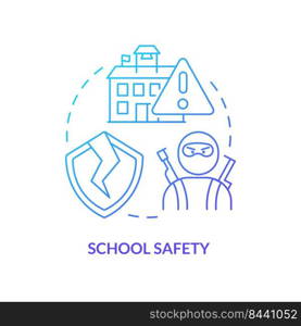 School safety blue gradient concept icon. Mass shootings danger. Problem in public schools abstract idea thin line illustration. Isolated outline drawing. Myriad Pro-Bold font used. School safety blue gradient concept icon