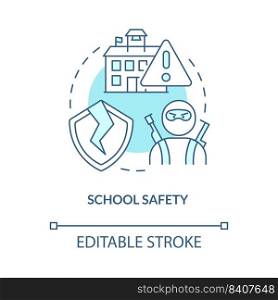 School safety turquoise concept icon. Mass shootings danger. Problem in schools abstract idea thin line illustration. Isolated outline drawing. Editable stroke. Arial, Myriad Pro-Bold fonts used. School safety turquoise concept icon