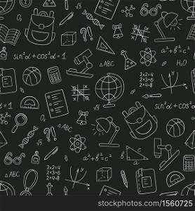 School seamless pattern in doodle style. Hand drawn vector llustration on chalkboard background. School seamless pattern in doodle style. Hand drawn vector llustration