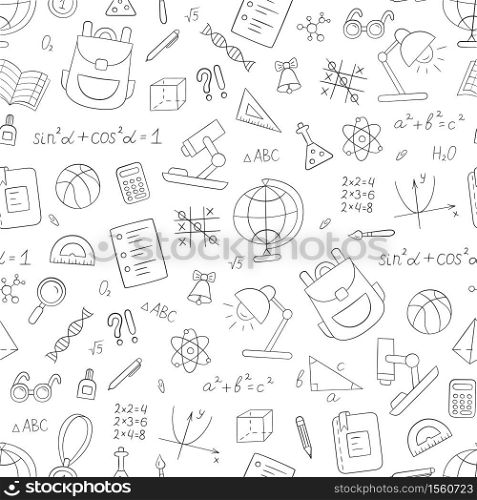 School seamless pattern in doodle style. Hand drawn vector llustration on white background. School seamless pattern in doodle style. Hand drawn vector llustration