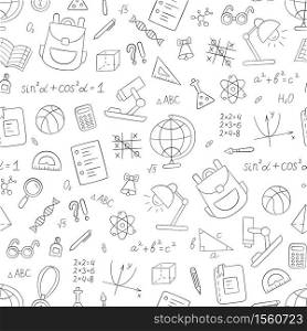 School seamless pattern in doodle style. Hand drawn vector llustration on white background. School seamless pattern in doodle style. Hand drawn vector llustration