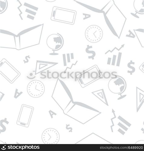 School Seamless Pattern. School seamless pattern with book, clock, ruler, globe, letter, tablet on white background. School background with different elements. Vector outline seamless pattern. Vector illustration in flat.