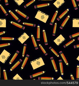 School seamless pattern with color pencils and notebook on dark background. Education decorative pattern. Vector design template. School seamless pattern with color pencil and notebook on dark background. Education decorative pattern. Vector design template