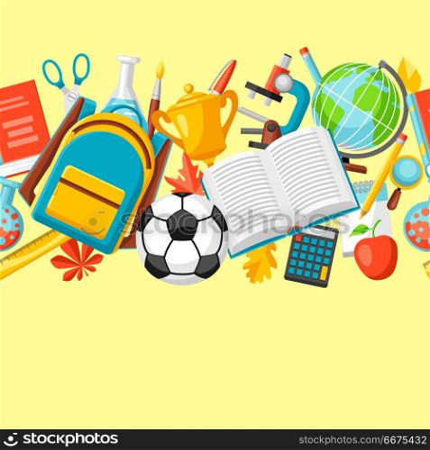 School seamless pattern with education items.. School seamless pattern with education items. Colorful supplies and stationery background.