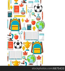 School seamless pattern with education items.. School seamless pattern with education items. Colorful supplies and stationery background.
