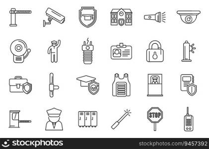 School security guard icons set outline vector. CCtv agent. Monitor safety. School security guard icons set outline vector. CCtv agent