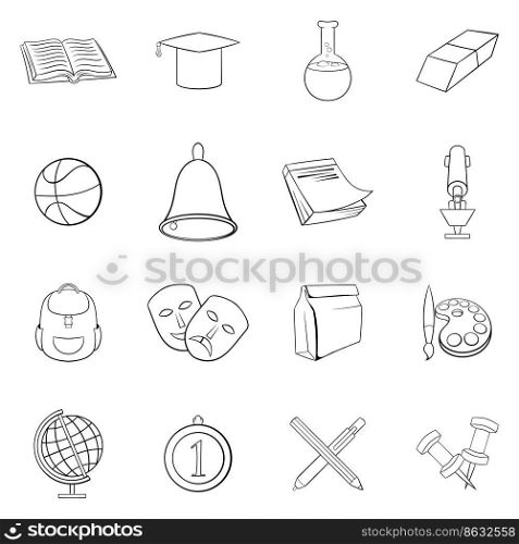 School set icons in outline style isolated on white background. School icon set outline