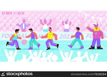 School sport flat composition with football soccer match game in college stadium with pupils fans vector illustration