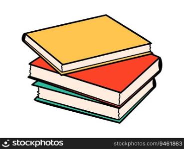 School stacks books cartoon in doodle retro style. Back to school stationery element bold bright. Classic supplies for children education or office work. Fun vector illustration isolated on white. School stacks books cartoon in doodle retro style. Back to school stationery element bold bright. Classic supplies for children education or office work. Fun vector illustration isolated on white.