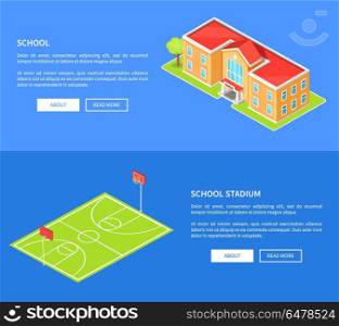 School Stadium and Educational Establishment 3D. School stadium and educational establishment three dimensional vector illustration with basketball field and building isolated on blue web posters
