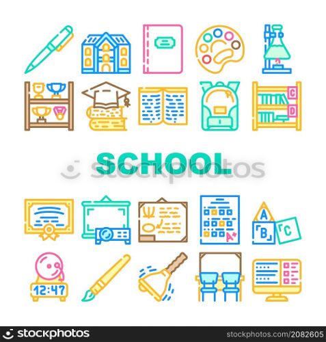 School Stationery Accessories Icons Set Vector. Shelf With Goblets Award And Backpack, Pen And Tassel, School Educational Book And Notebook, Blackboard And Certificate Line. Color Illustrations. School Stationery Accessories Icons Set Vector