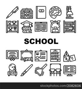 School Stationery Accessories Icons Set Vector. Shelf With Goblets Award And Backpack, Pen And Tassel, School Educational Book And Notebook, Blackboard And Certificate Black Contour Illustrations. School Stationery Accessories Icons Set Vector