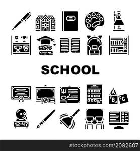School Stationery Accessories Icons Set Vector. Shelf With Goblets Award And Backpack, Pen And Tassel, School Educational Book Notebook, Blackboard And Certificate Glyph Pictograms Black Illustrations. School Stationery Accessories Icons Set Vector