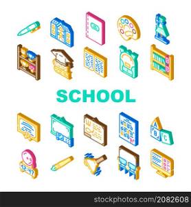 School Stationery Accessories Icons Set Vector. Shelf With Goblets Award And Backpack, Pen And Tassel, School Educational Book And Notebook, Blackboard Certificate Isometric Sign Color Illustrations. School Stationery Accessories Icons Set Vector
