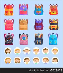 School stationery and book, backpack and schoolbag, pupils or students vector. Knapsacks with patterns or leather, bear trinket and ruler with pencils. Back to scool concept. Schoolbags or Backpacks, Stationery and Pupils