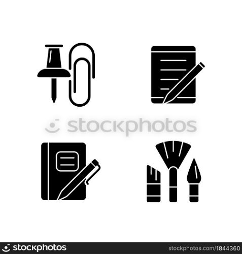 School stationery black glyph icons set on white space. Pins and paper clips. Tablet computer. Graph composition book. Pens and pencils. Silhouette symbols. Vector isolated illustration. School stationery black glyph icons set on white space