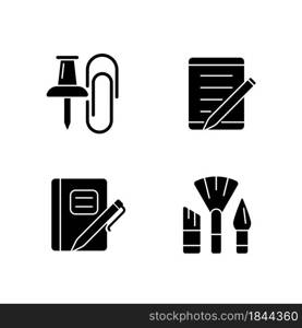 School stationery black glyph icons set on white space. Pins and paper clips. Tablet computer. Graph composition book. Pens and pencils. Silhouette symbols. Vector isolated illustration. School stationery black glyph icons set on white space