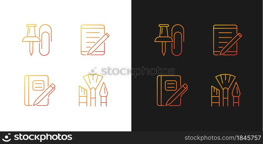 School stationery gradient icons set for dark and light mode. Pins, paper clips. Tablet computer. Thin line contour symbols bundle. Isolated vector outline illustrations collection on black and white. School stationery gradient icons set for dark and light mode