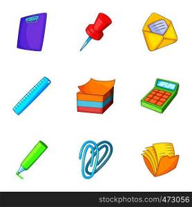 School stationery icons set. Cartoon set of 9 school stationery vector icons for web isolated on white background. School stationery icons set, cartoon style