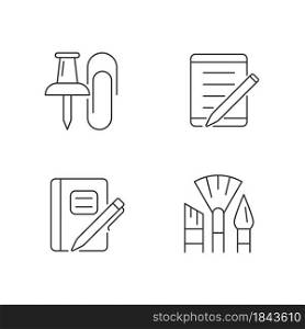 School stationery linear icons set. Pins and paper clips. Tablet computer. Graph composition book. Customizable thin line contour symbols. Isolated vector outline illustrations. Editable stroke. School stationery linear icons set