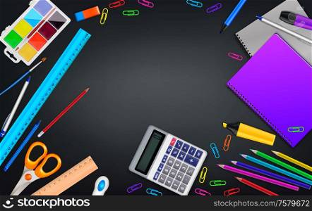 School stationery realistic composition with top view of table with empty space surrounded by office materials vector illustration