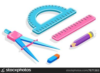 School stationery supplies, ruler and divider, pencil and eraser, protractor isolated objects vector. Geometry lesson and drawing or measuring tools. Back to school concept. Flat cartoon. Rulers and Pencil, School Stationery Supplies