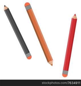School stationery supply, set of pencils or drawing tool isolated object. Draw or write, art lesson equipment, schoolbag item, academic year instrument. Vector illustration in flat cartoon style. Pencil or Drawing Tool, School Stationery Supply