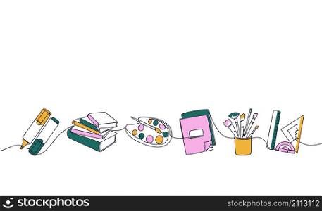 school stationery. Trendy continuous line marker stack of books palette copybook brushes and rulers. Vector school supplies in row elements stationery for education. school stationery. Trendy continuous line marker stack of books palette copybook brushes and rulers. Vector school supplies in row