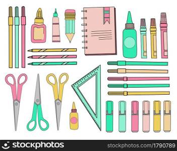 school sticker set. School accessories. Stationery on a white isolated background. Scissors, triangle ruler, pencils, pens and markers.. school sticker set. School accessories. Stationery on a white isolated background. Scissors, triangle ruler, pencils, pens and markers