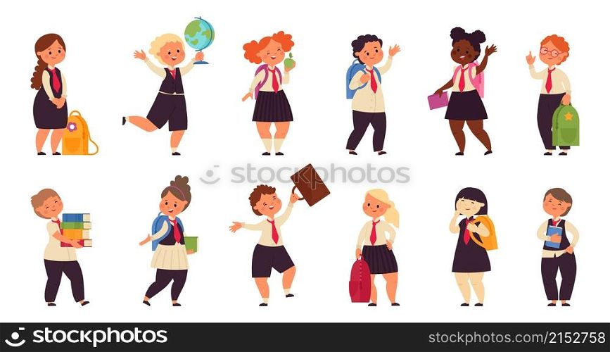 School student characters. Schoolboys friends, kids with backpack. Isolated autumn children education, pupil holding books vector set. Illustration education character boy and girl, school children. School student characters. Schoolboys friends, kids with backpack. Isolated autumn children education, pupil holding books decent vector set