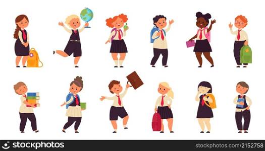 School student characters. Schoolboys friends, kids with backpack. Isolated autumn children education, pupil holding books vector set. Illustration education character boy and girl, school children. School student characters. Schoolboys friends, kids with backpack. Isolated autumn children education, pupil holding books decent vector set