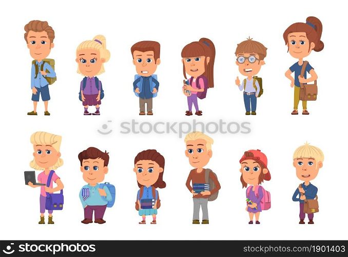 School student characters. Students with books and backpacks, cartoon children. Isolated girl boy teens, elementary education decent vector set. Illustration boy and girl with backpack. School student characters. Students with books and backpacks, cartoon children. Isolated girl boy teens, elementary education decent vector set
