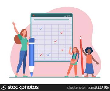 School students at blackboard. Girls and young woman holding huge pencils, raising hands flat vector illustration. Education, training course concept for banner, website design or landing web page