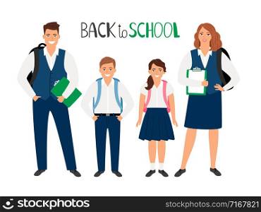 School students boys and girld, different ages on white background, back to school vector illustration. School students collection
