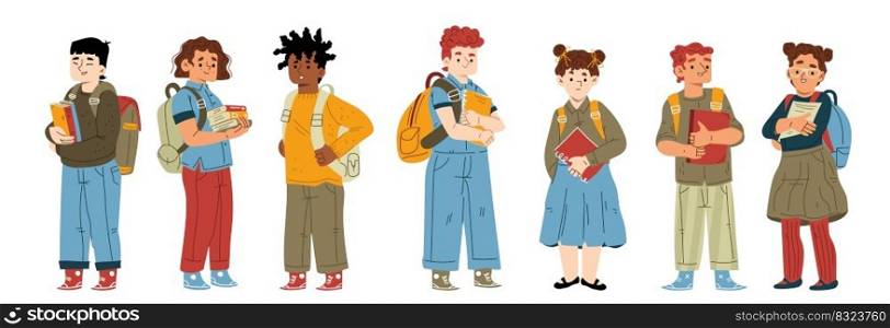 School students, cute children with backpacks and books. Diverse boys and girls, pupils studying together, classmates isolated on white background, vector flat illustration. School students, pupils studying together