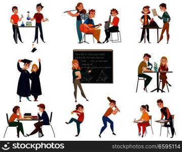 School students during chemistry, geography, physical training, music, teacher near board, graduates, cartoon set isolated vector illustration . School Students Cartoon Set