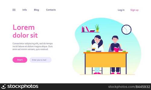 School students in classroom. Teen children sitting at desk and reading books flat vector illustration. Back to school, class, knowledge concept for banner, website design or landing web page