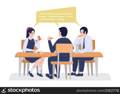 School students on lunch semi flat color vector characters. Interacting figures. Full body people on white. Break isolated modern cartoon style illustration for graphic design and animation. School students on lunch semi flat color vector characters