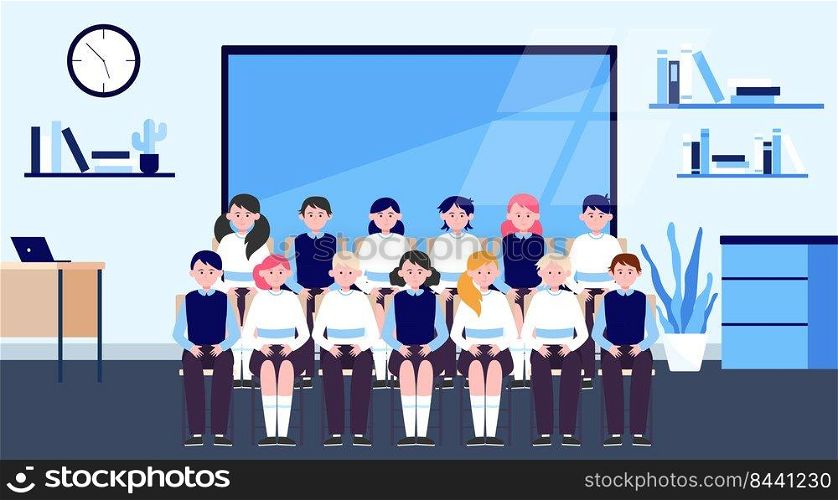 School students posing for class photo in classroom. Teen boys and girls in uniforms sitting in rows near blackboard. Vector illustration for memory, classmates, education concept