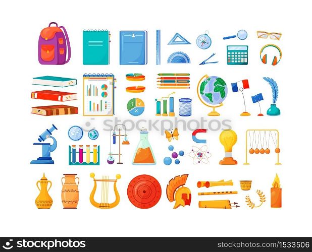 School subjects and supplies flat color vector objects set. Student notepad and backpack. University lessons. Art, economics, physics class items 2D isolated cartoon illustrations on white background. School subjects and supplies flat color vector objects set