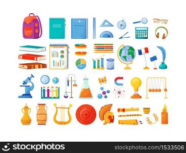 School subjects and supplies flat color vector objects set. Student notepad and backpack. University lessons. Art, economics, physics class items 2D isolated cartoon illustrations on white background. School subjects and supplies flat color vector objects set
