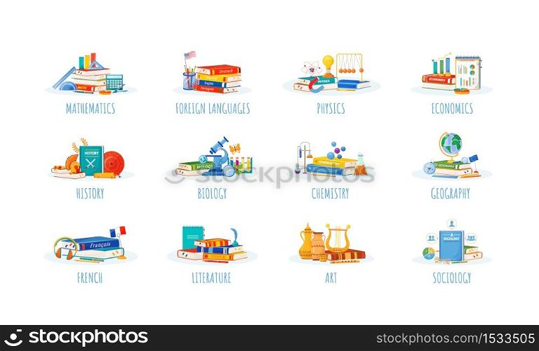 School subjects flat concept vector illustrations set. Natural and formal science metaphors. Foreign language, physics, economics lessons. Students textbooks and supplies items 2D cartoon objects. School subjects flat concept vector illustrations set