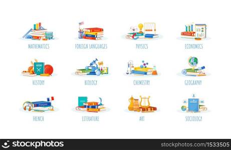 School subjects flat concept vector illustrations set. Natural and formal science metaphors. Foreign language, physics, economics lessons. Students textbooks and supplies items 2D cartoon objects. School subjects flat concept vector illustrations set