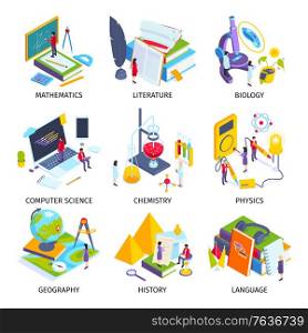 School subjects isometric set with physics lab computer science language history geography chemistry biology mathematics vector illustration