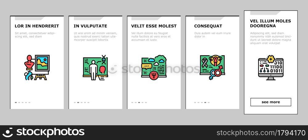 School Subjects Learn Onboarding Mobile App Page Screen Vector. Geography And Literature, Spanish And English Language, History And Physics School Subjects Studying Illustrations. School Subjects Learn Onboarding Icons Set Vector