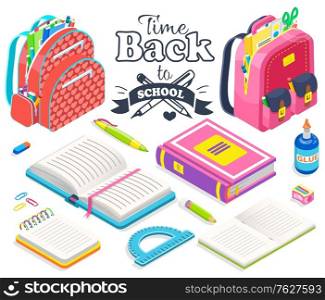 School supplies and bags vector, satchels equipped with books and textbooks, notebook and glue. Pencil and ruler for maths lesson. Geometry 3d style. Back to school concept. Flat cartoon isometric 3d. Back to School Bag and Books Ruler and Glue Set