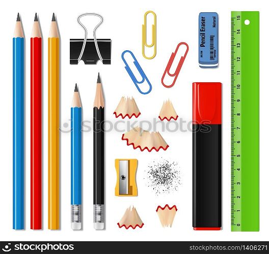 School supplies and office stationery realistic vector design. Pencils, sharpener and eraser or rubber, marker pen, ruler, paper clips and pencil shavings, writing instruments and drawing items. Realistic school supplies and office stationery