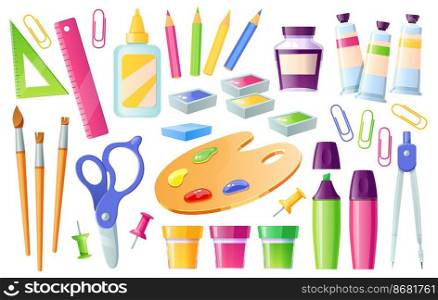 School supplies and stationery, learning items colored pencils, paints and brushes, glue, ruler and scissors with compass, marker and palette with paper clips or pins, Cartoon vector illustration, set. School supplies and stationery, learning items set